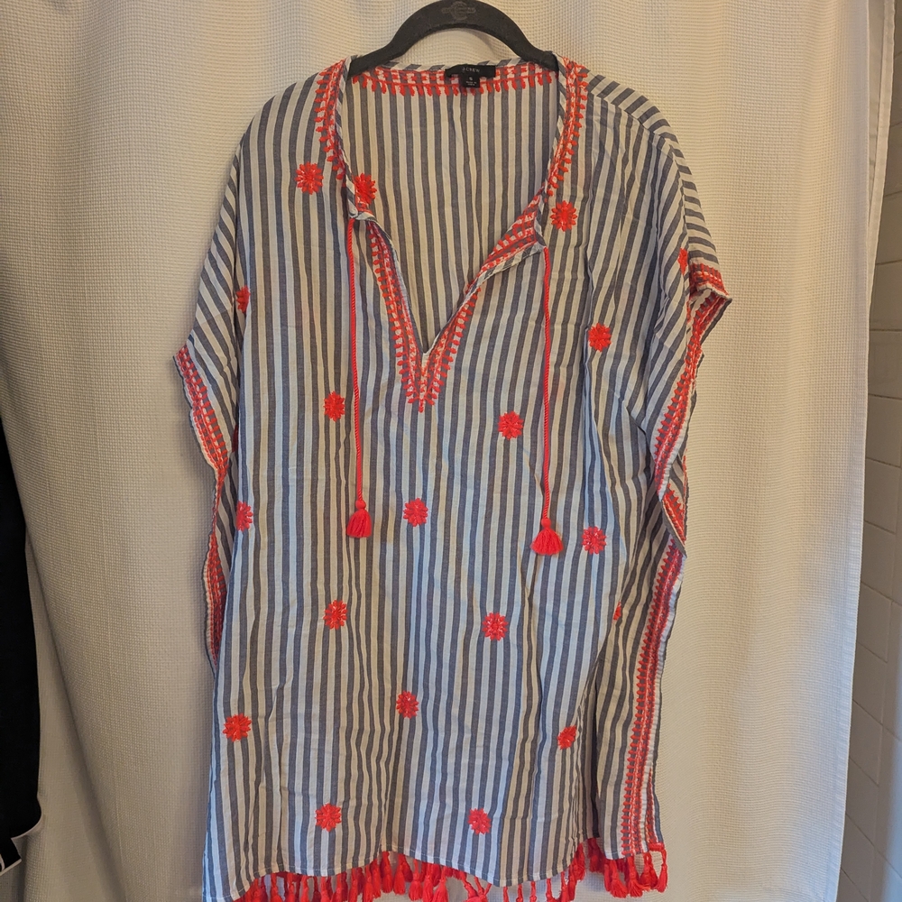 J.Crew Blue and White Striped Kaftan with Pink Accents